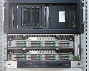 A close up of the back side of a server